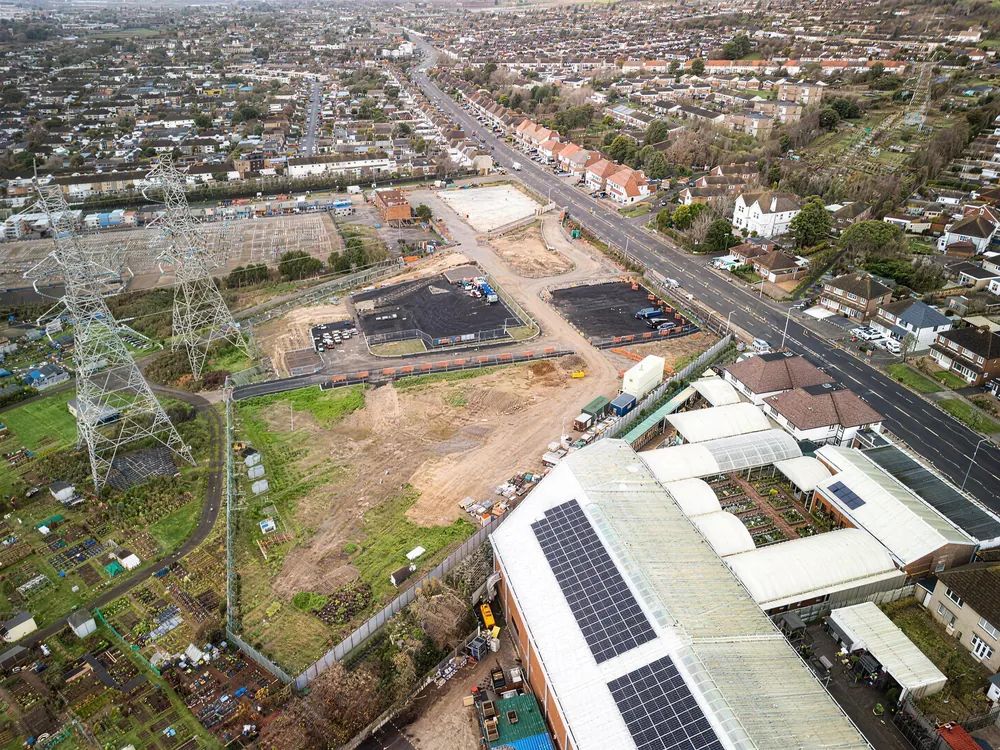 Aerial view of the Tates Hyundai and Vauxhall Showroom site beside Mayberry Garden Centre